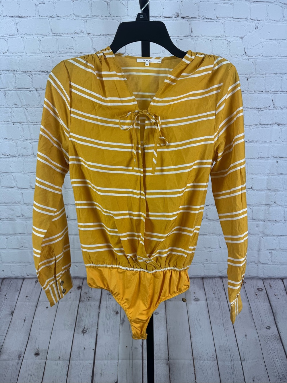 Tularosa Yellow White Striped Long Sleeve Surplice Bodysuit XS